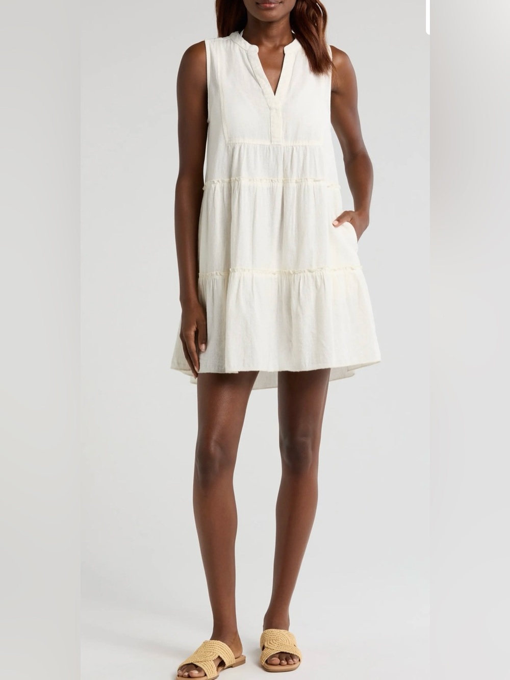 Elan Cream Sleeveless Cotton/Flax Tiered Mini Dress Breathable Beach Size Small
